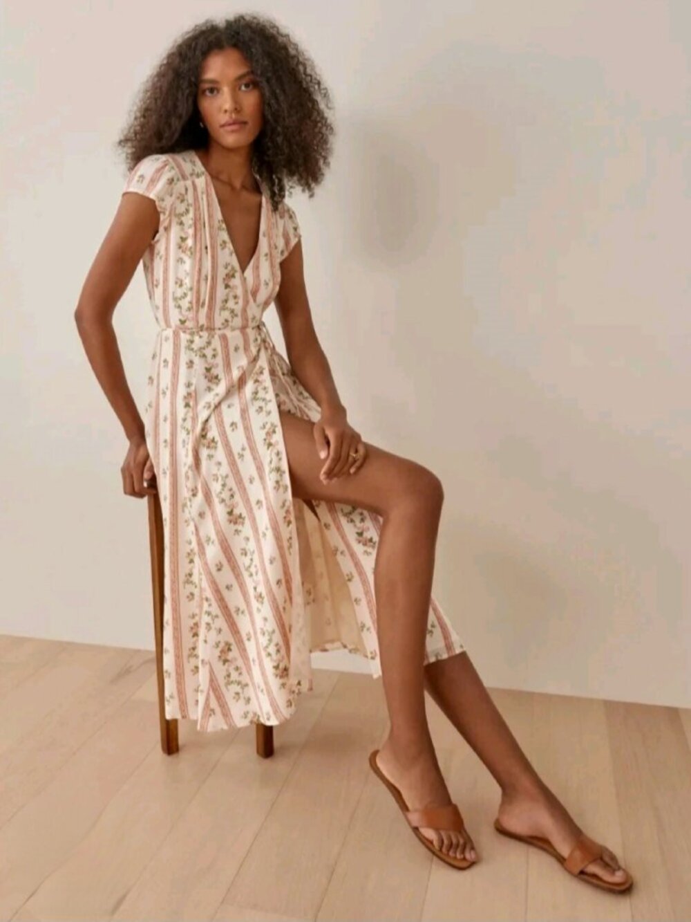 Reformation Carina Floral Bow Stripe Wrap Midi Dress Cream Pink Short Sleeve M